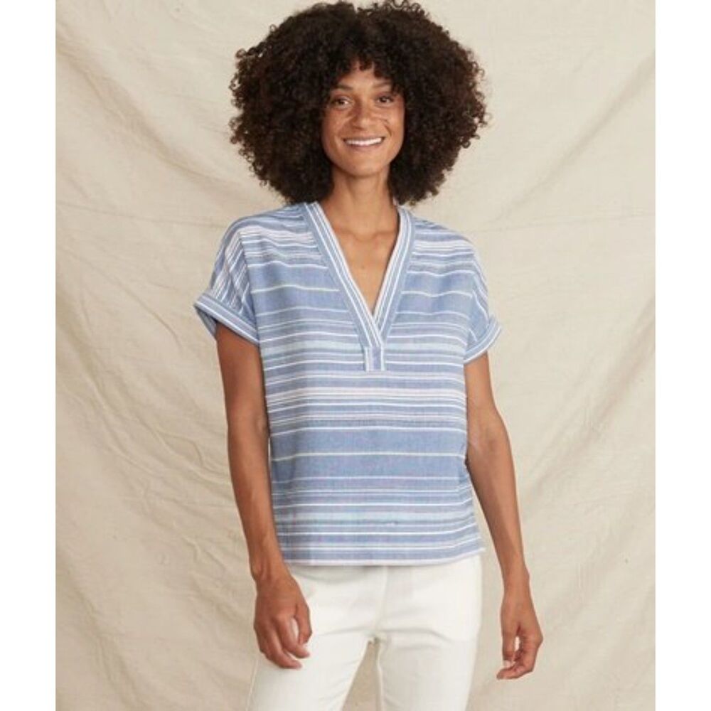 Marine Layer Bali Tunic Top Womens XS Blue Stripe V-Neck Cotton Short Sleeve NWT